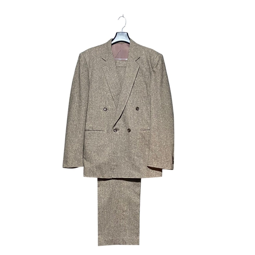 Charlie Brown‎ Custom Tailor VTG Mens Tan Tweed Double Breasted Suit 2 PC Korea